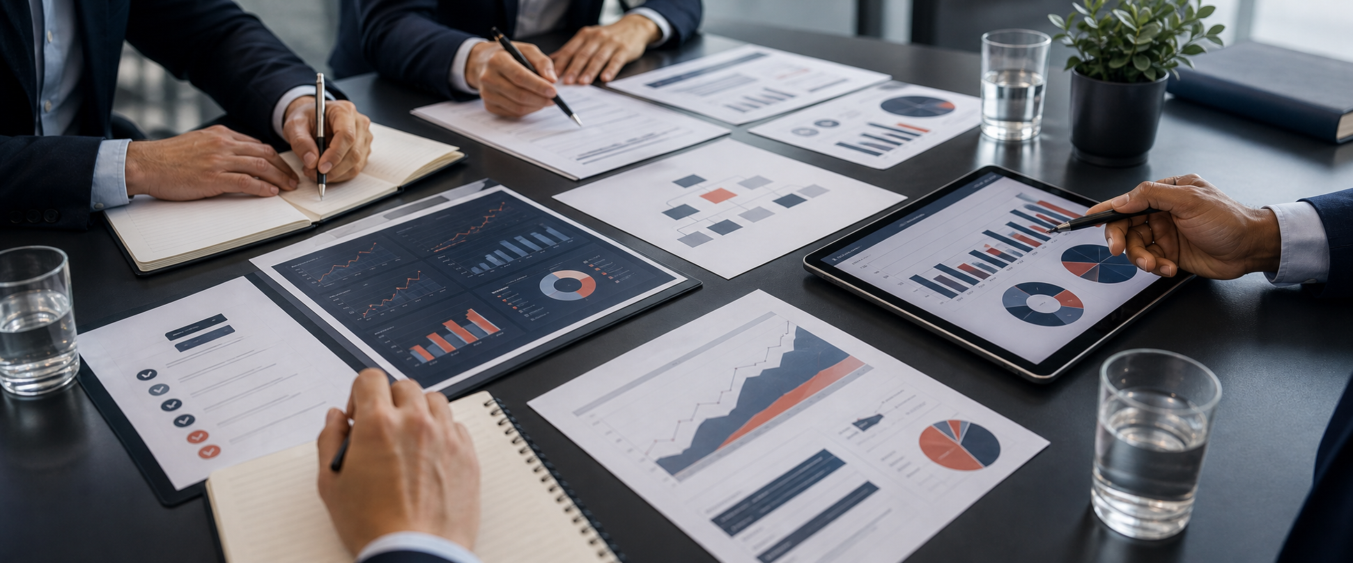 Materiais de governança e indicadores estratégicos em mesa executiva